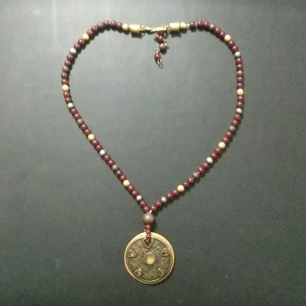 Gold Tone Disc with Dark Red Beaded Statement Necklace